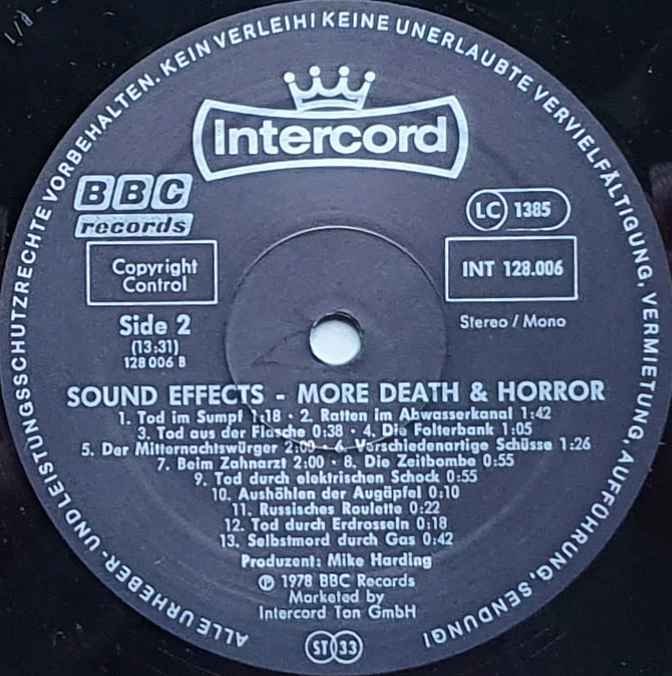 INT 128.006 More death and horror sound effects Mike Harding / Peter Harwood from the BBC records and Tapes library Label